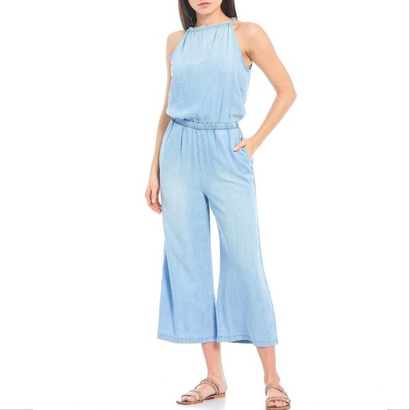 CLOTH & STONE Anthropologie Halter Neck Cropped JUMPSUIT Size S SMALL Blue NEW - Picture 1 of 9
